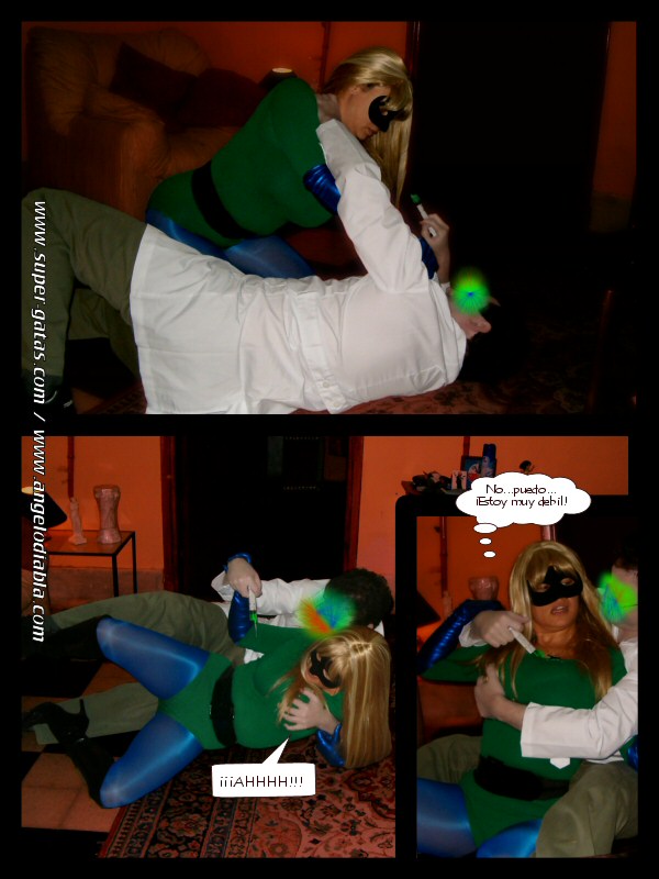 Leona de Jade, la superheroina derrotada, inconsciente, capturada en super-gatas.com