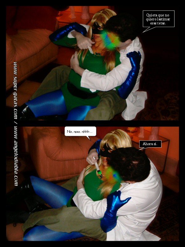 Leona de Jade, la superheroina derrotada, inconsciente, capturada en super-gatas.com
