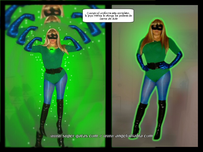 Leona de Jade, la superheroina derrotada, inconsciente, capturada en super-gatas.com